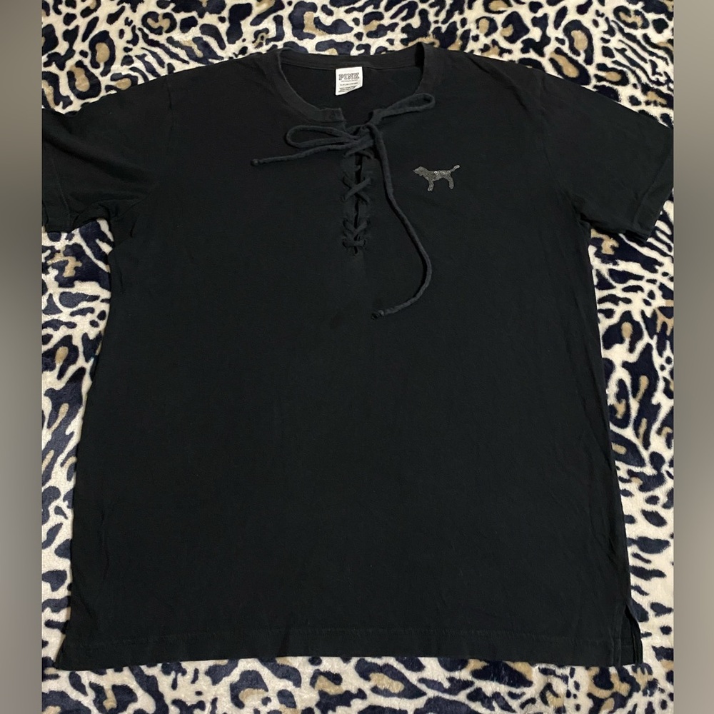 PINK Victoria's Secret Black Lace-Up Short Sleeve Tee with Dog Logo